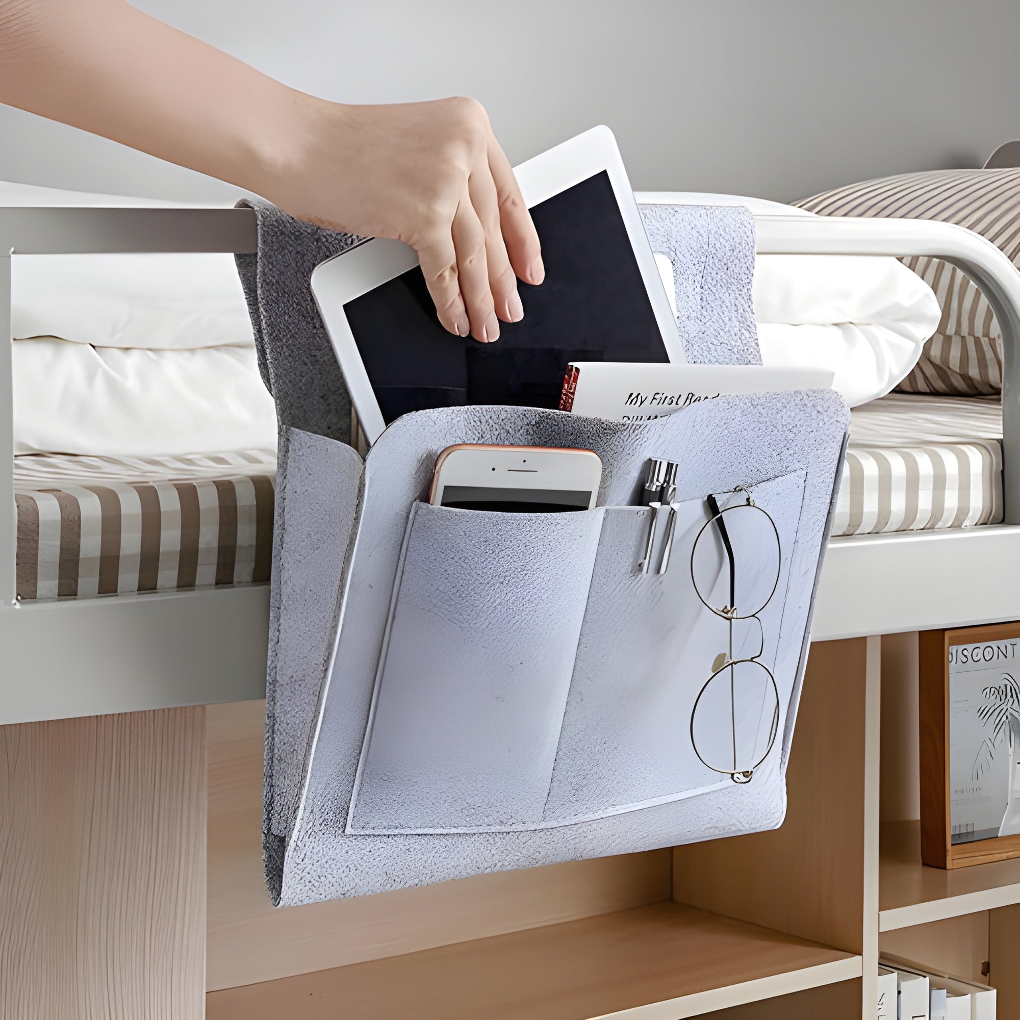 Filz Betttasche – Hängeorganizer für Bett Sofa und Schlafzimmerund Schlafzimmer - Beige - Aufbewahrungstasche