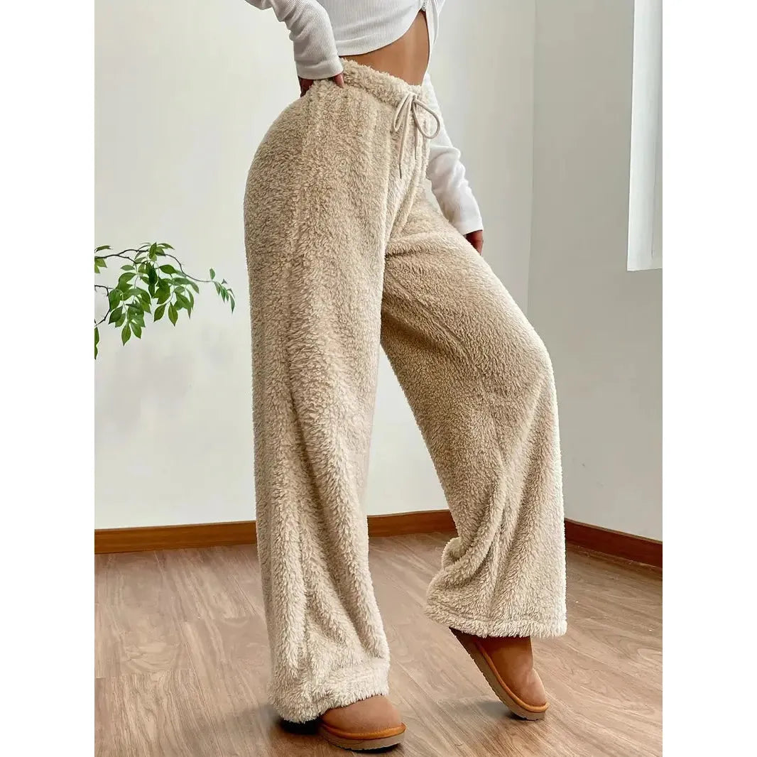 Freya Pants - Warme und bequeme Teddybär-Hose mit weitem Bein - Aprikose / S - Damenmode