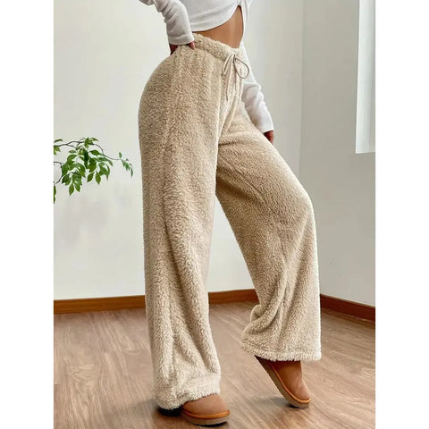 Freya Pants - Warme und bequeme Teddybär-Hose mit weitem Bein - Aprikose / S - Damenmode