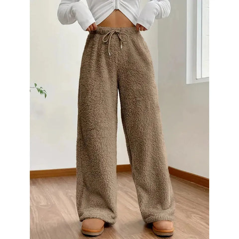 Freya Pants - Warme und bequeme Teddybär-Hose mit weitem Bein - Khaki / S - Damenmode