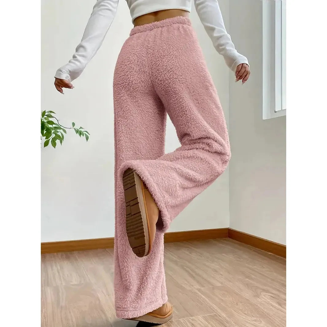 Freya Pants - Warme und bequeme Teddybär-Hose mit weitem Bein - Rosa / S - Damenmode