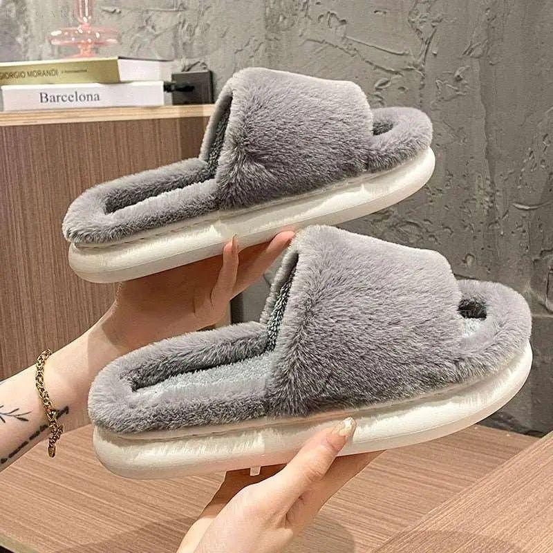Fuzzy - Dicke flauschige Pelzpantoffeln - Grau / 36-37 (passen 35-36) - Damenschuhe