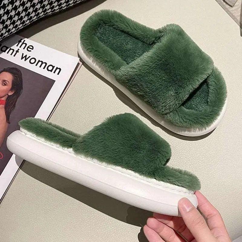 Fuzzy - Dicke flauschige Pelzpantoffeln - Grün / 36-37 (passen 35-36) - Damenschuhe