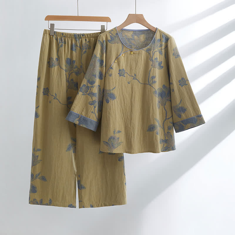 Geblümtes Loungewear Set aus Baumwolle mit Rundhalsausschnitt - Gelb / M - Loungewear