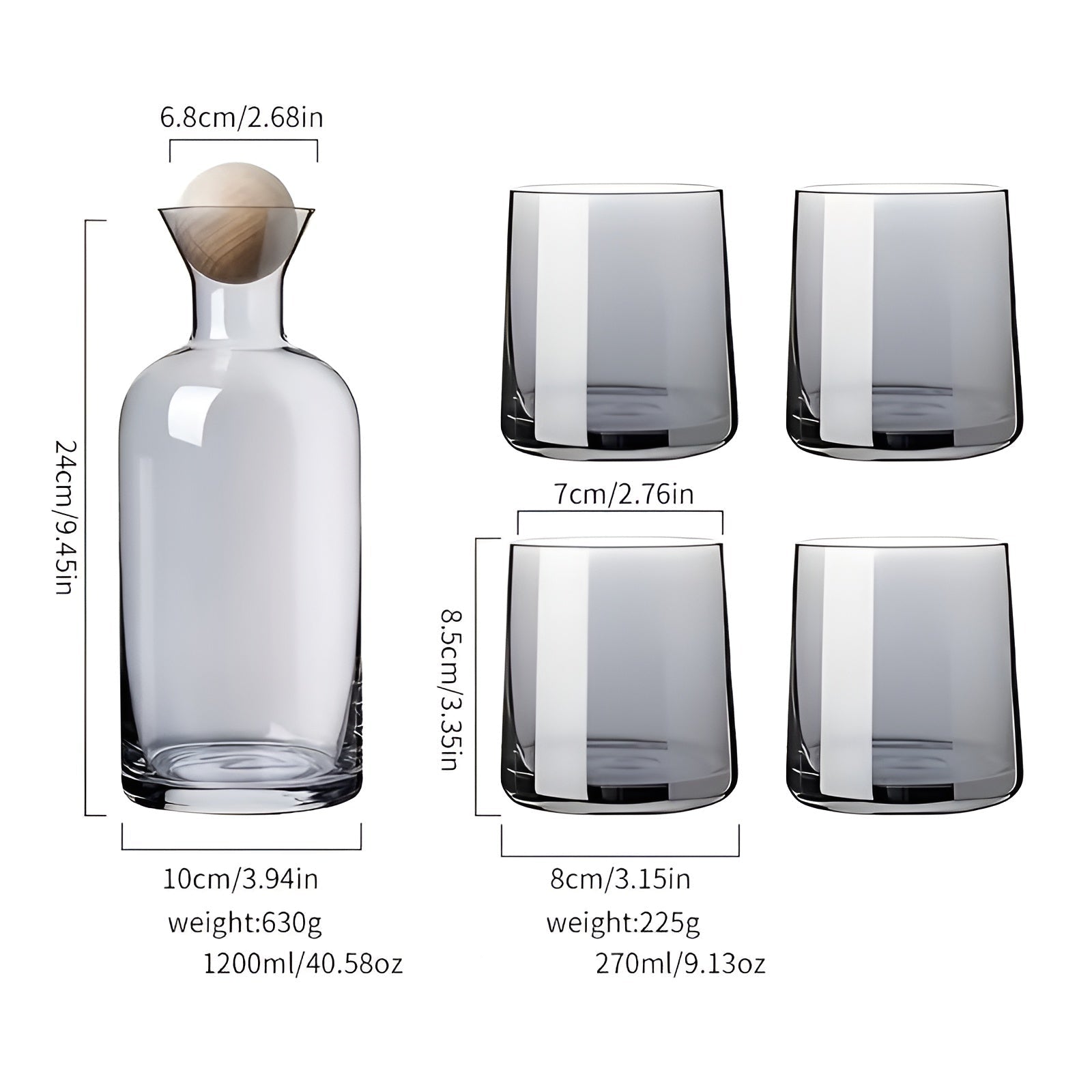 Glaskaraffe Set mit 4 Trinkgläsern – Stilvoll und Dekorativ | 1,2L Karaffe mit Holzdeckel für Wasser Saft und Gäste