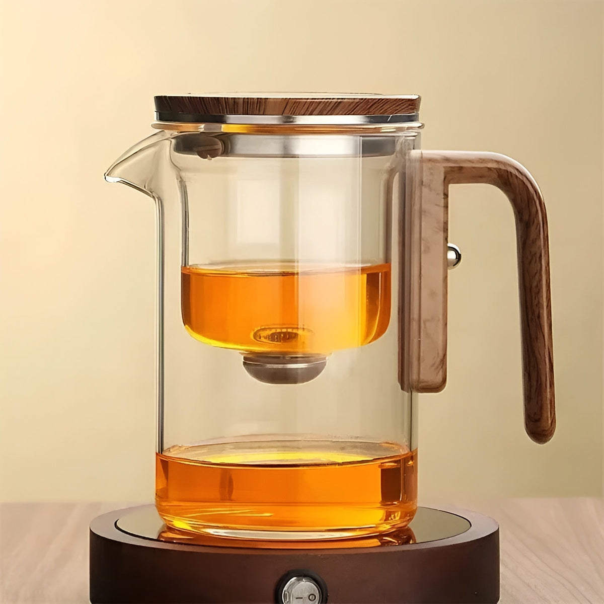 Glasteekanne mit Holzgriff – Ein-Klick-Filter | Perfekt für losen Tee & Puer - Teekanne