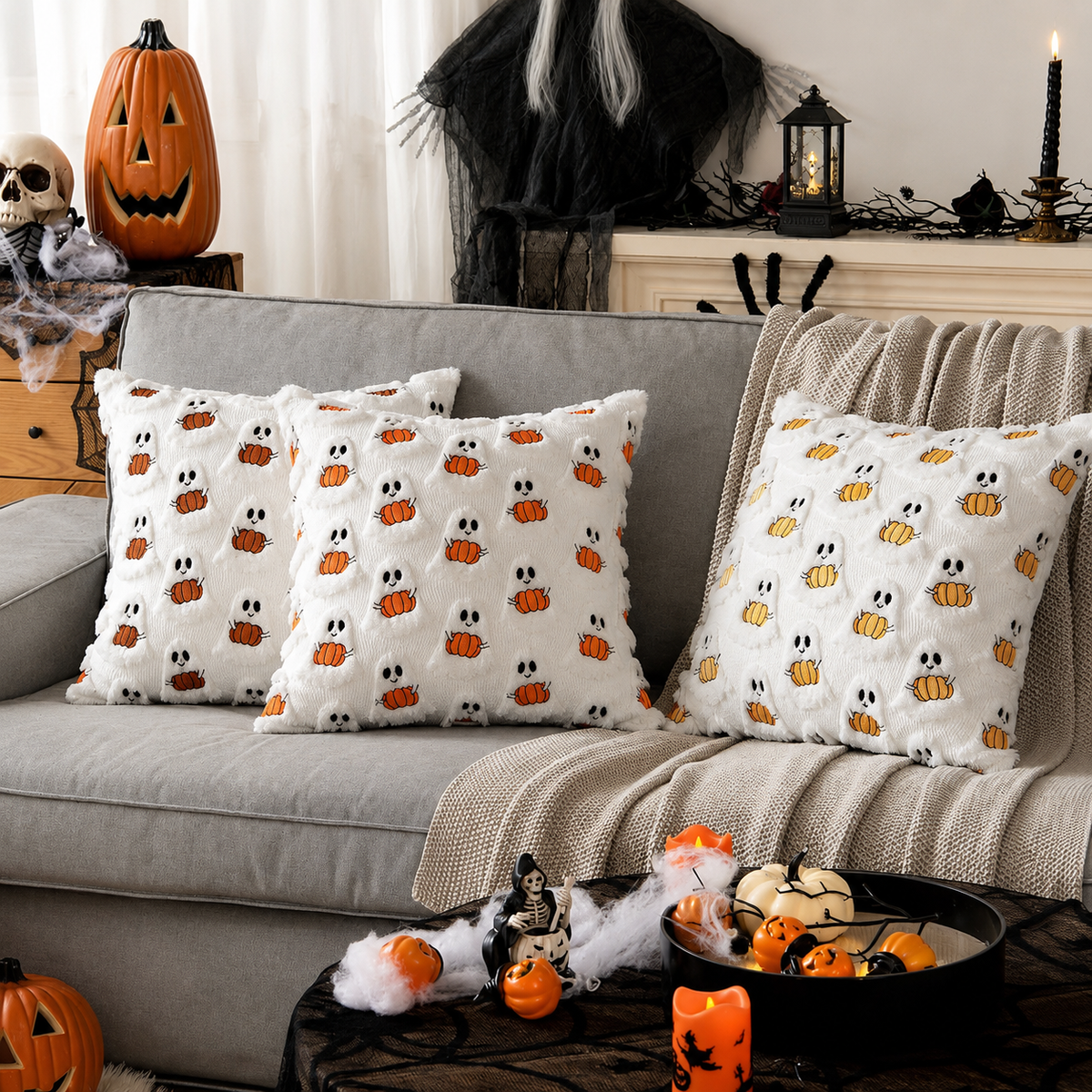 Halloween Dekokissen mit Geistern und Kürbissen – 45 x 45 cm - Halloween-Dekokissen