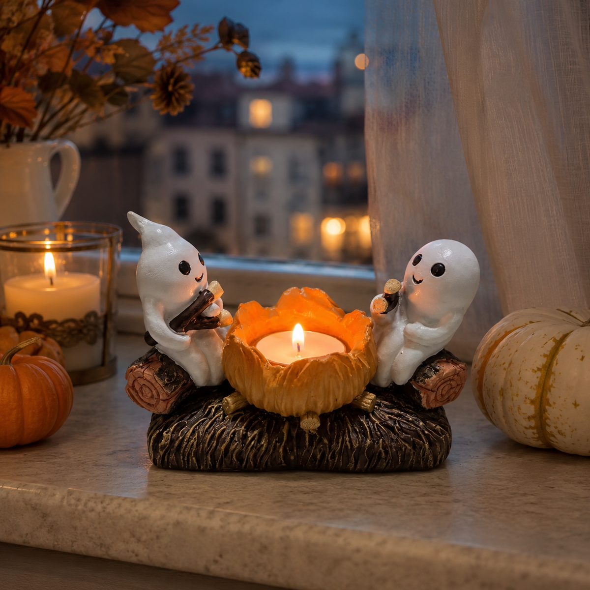 Halloween Kerzenhalter mit Geistern aus Harz – Herbstdeko - Standardausführung - Saisonale Dekoration – Halloween