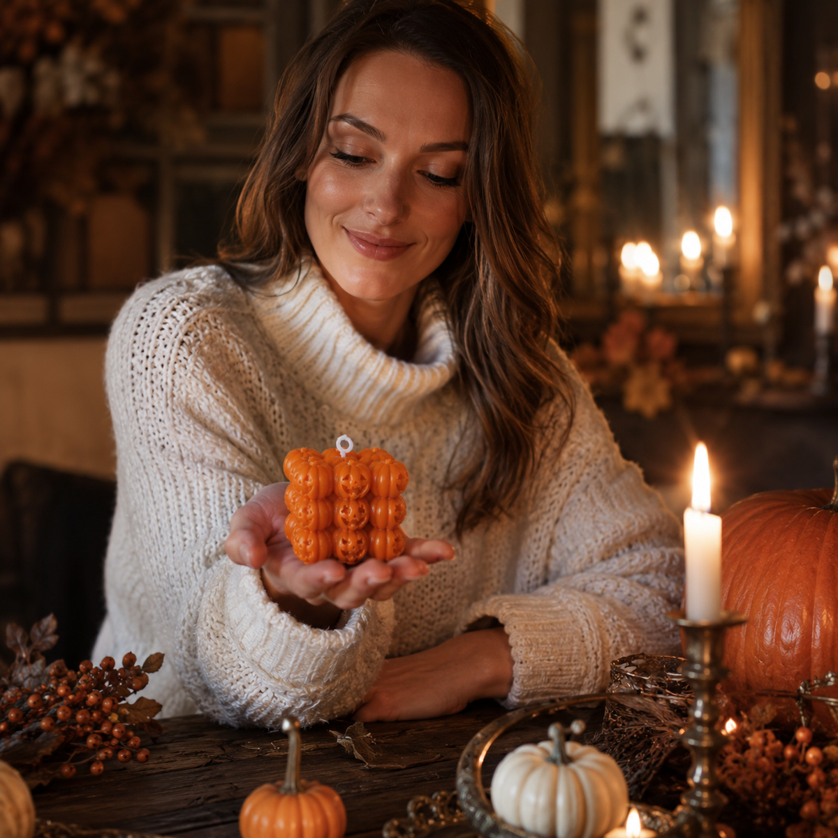 Halloween-Kürbiskerze aus Sojavvachs – Würfelform 6,5 cm - Geschenke – Saisonal – Halloween