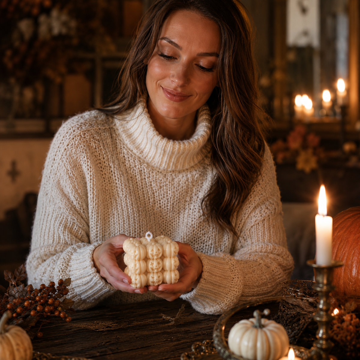 Halloween-Kürbiskerze aus Sojavvachs – Würfelform 6,5 cm - Geschenke – Saisonal – Halloween