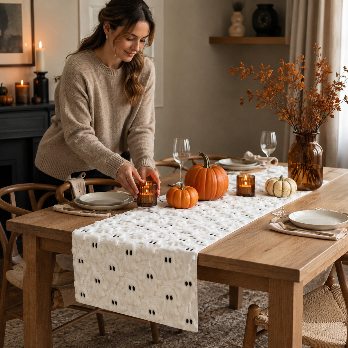 Halloween Tischläufer mit 3D-Geist- oder Kürbismotiv – 33 × 233/275 cm - Halloween-Dekoration