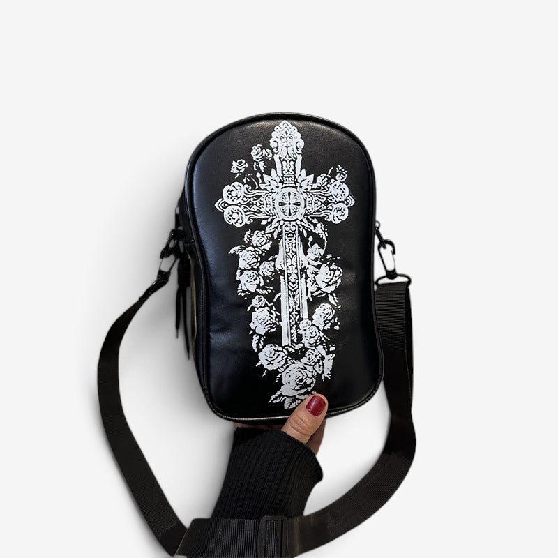 Halloween Umhängetasche Damen – Kompaktes Kürbis-Design - Schwarz mit Kreuz / Einheitsgröße - Geschenke – Saisonal –
