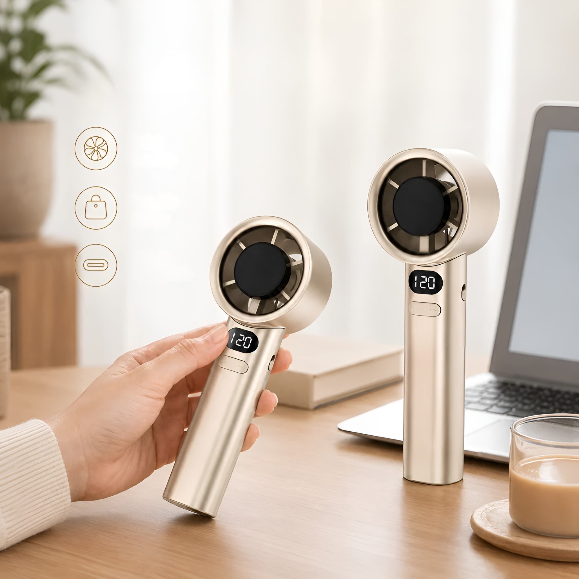 Handventilator mit Digitalanzeige – USB-Wiederaufladbar & Stufenlos Einstellbar - Handventilator