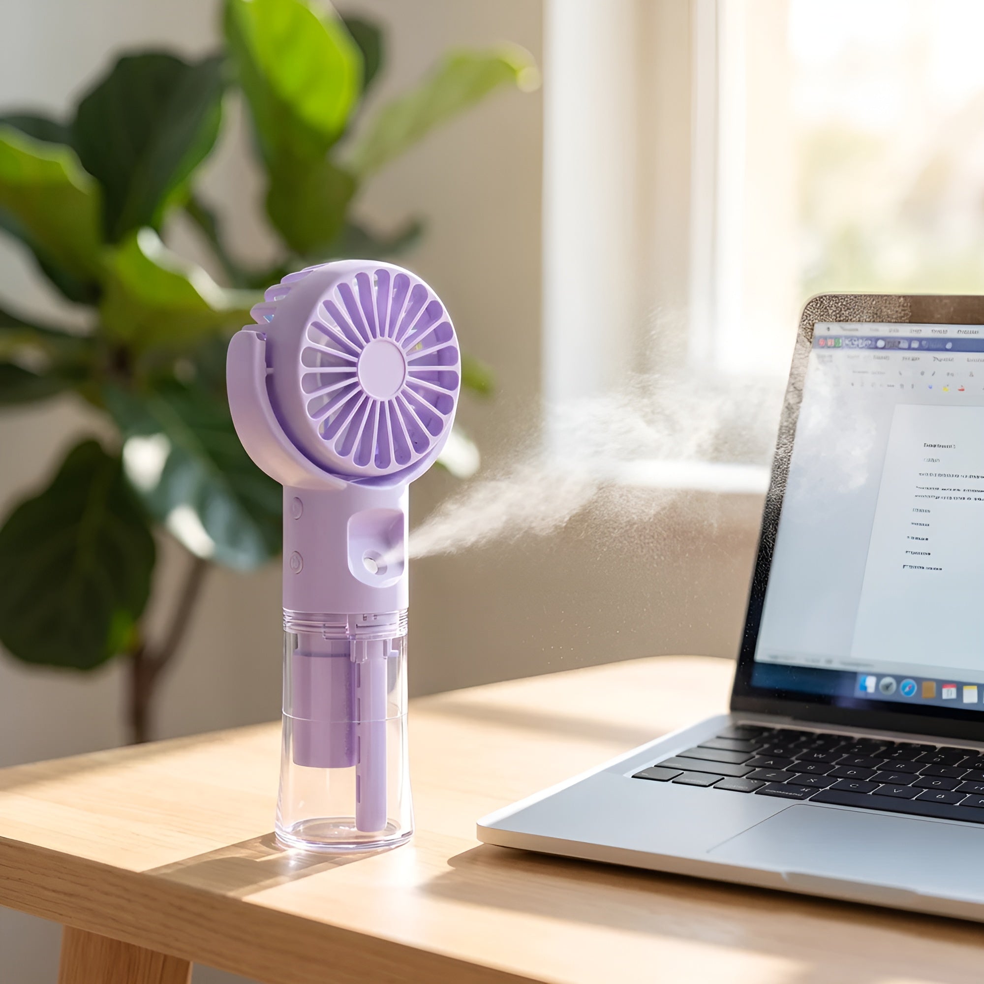 Handventilator mit Sprühfunktion – USB-aufladbar mit Drehkopf und 4 Geschwindigkeitsstufen - Handventilator
