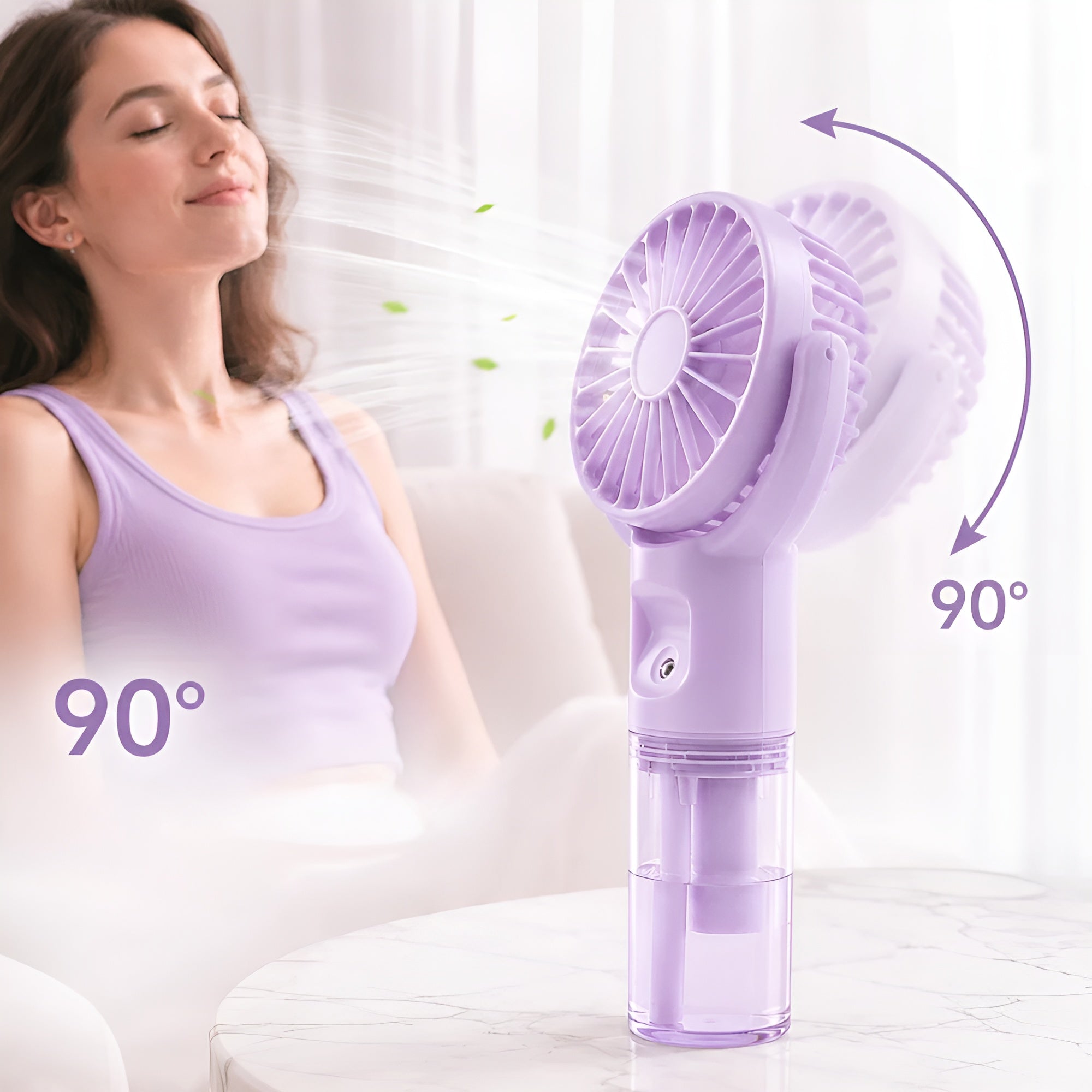 Handventilator mit Sprühfunktion – USB-aufladbar mit Drehkopf und 4 Geschwindigkeitsstufen - Handventilator