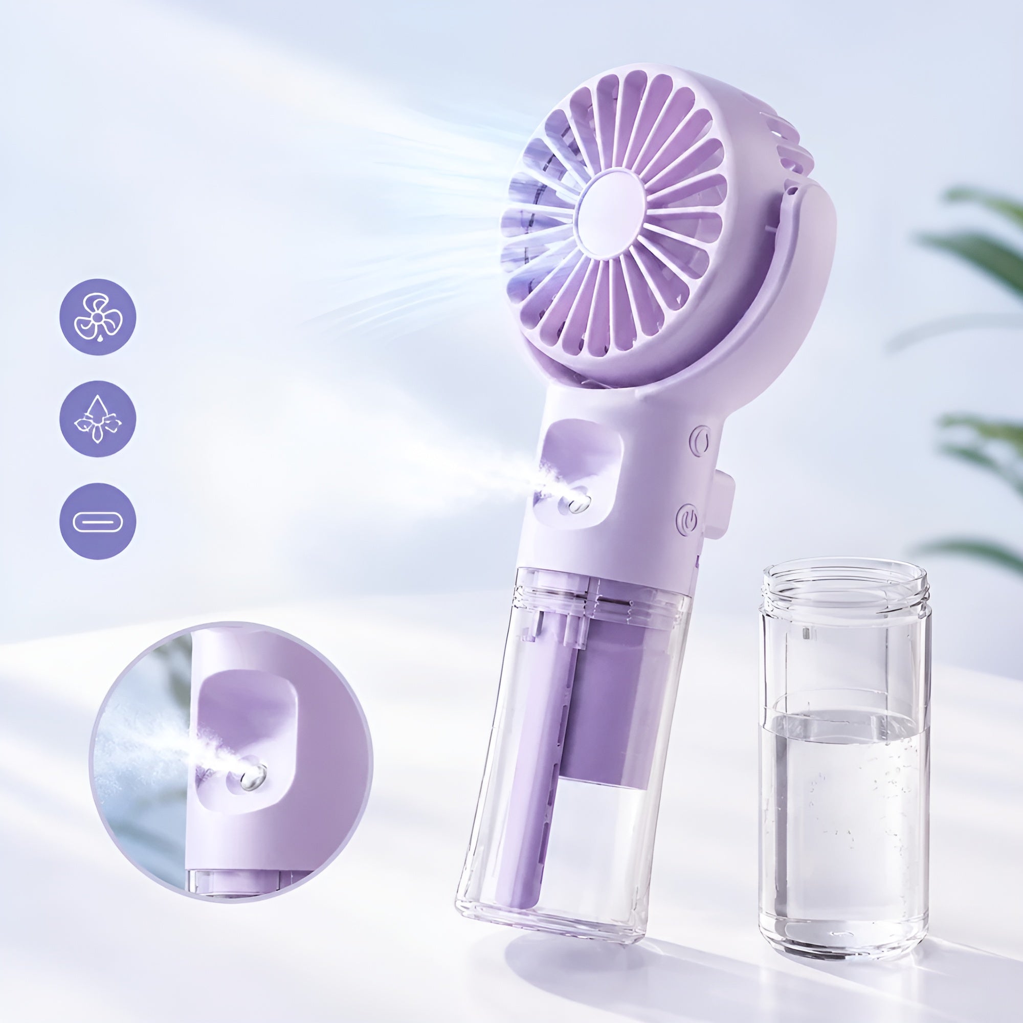 Handventilator mit Sprühfunktion – USB-aufladbar mit Drehkopf und 4 Geschwindigkeitsstufen - Handventilator