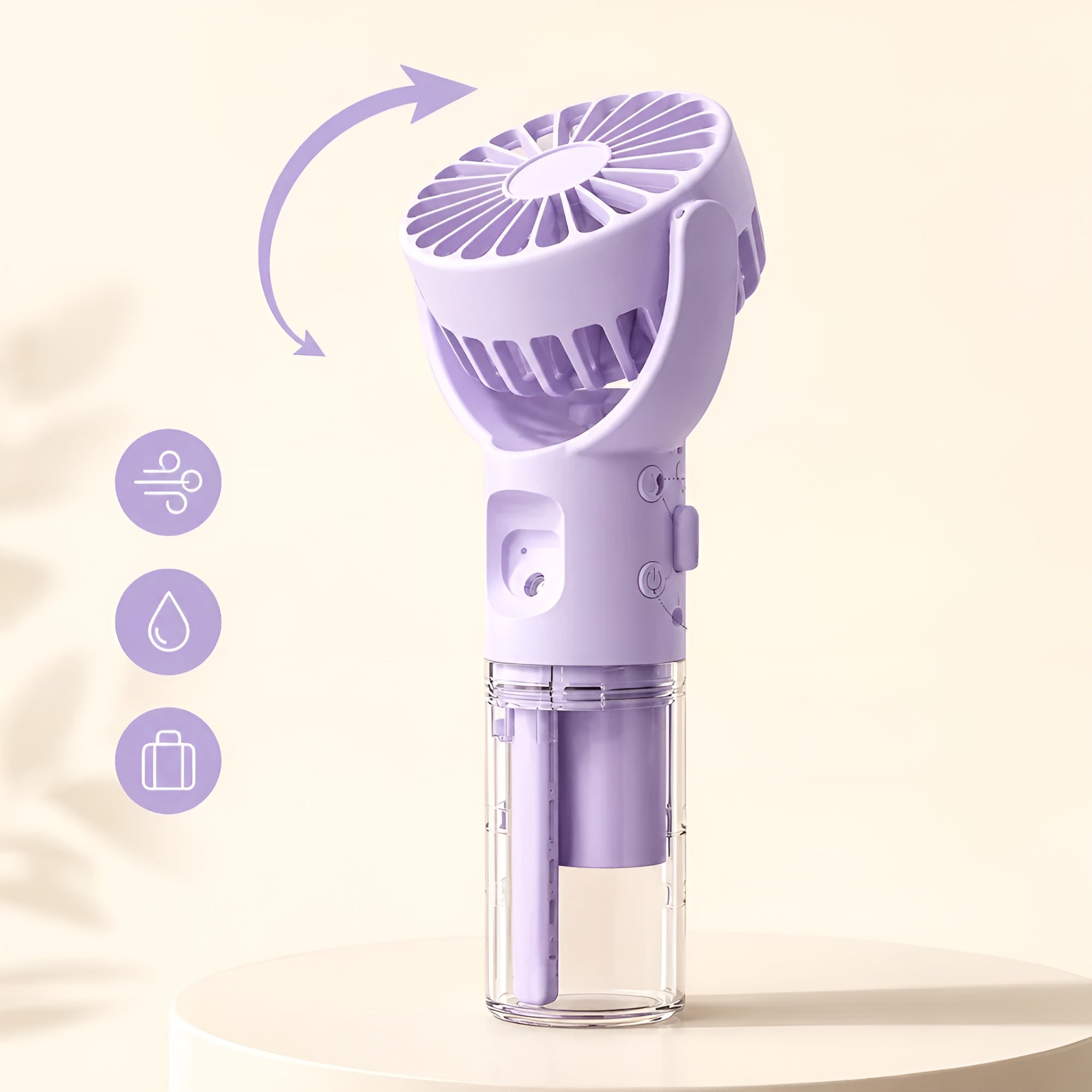 Handventilator mit Sprühfunktion – USB-aufladbar mit Drehkopf und 4 Geschwindigkeitsstufen - Handventilator