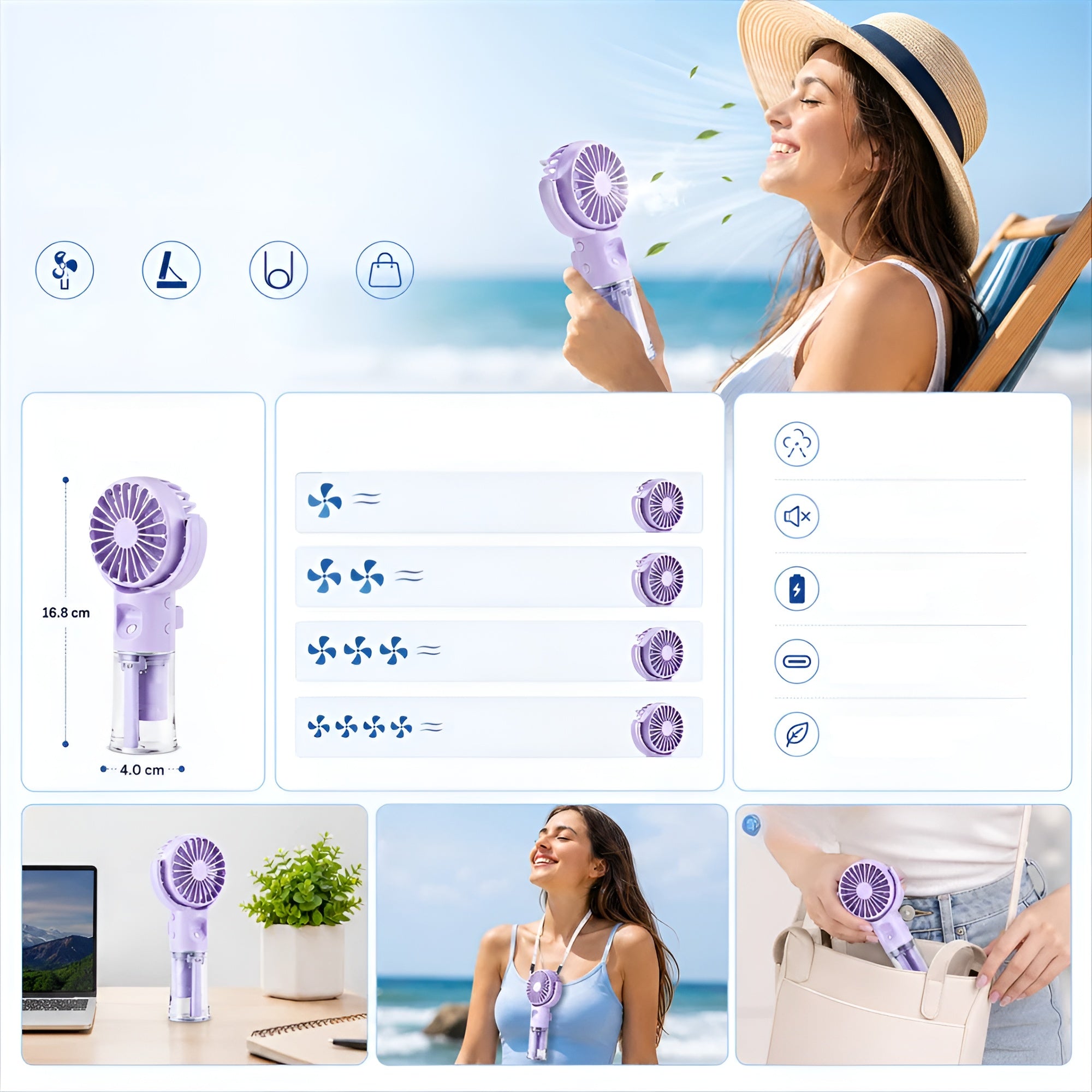 Handventilator mit Sprühfunktion – USB-aufladbar mit Drehkopf und 4 Geschwindigkeitsstufen - Handventilator