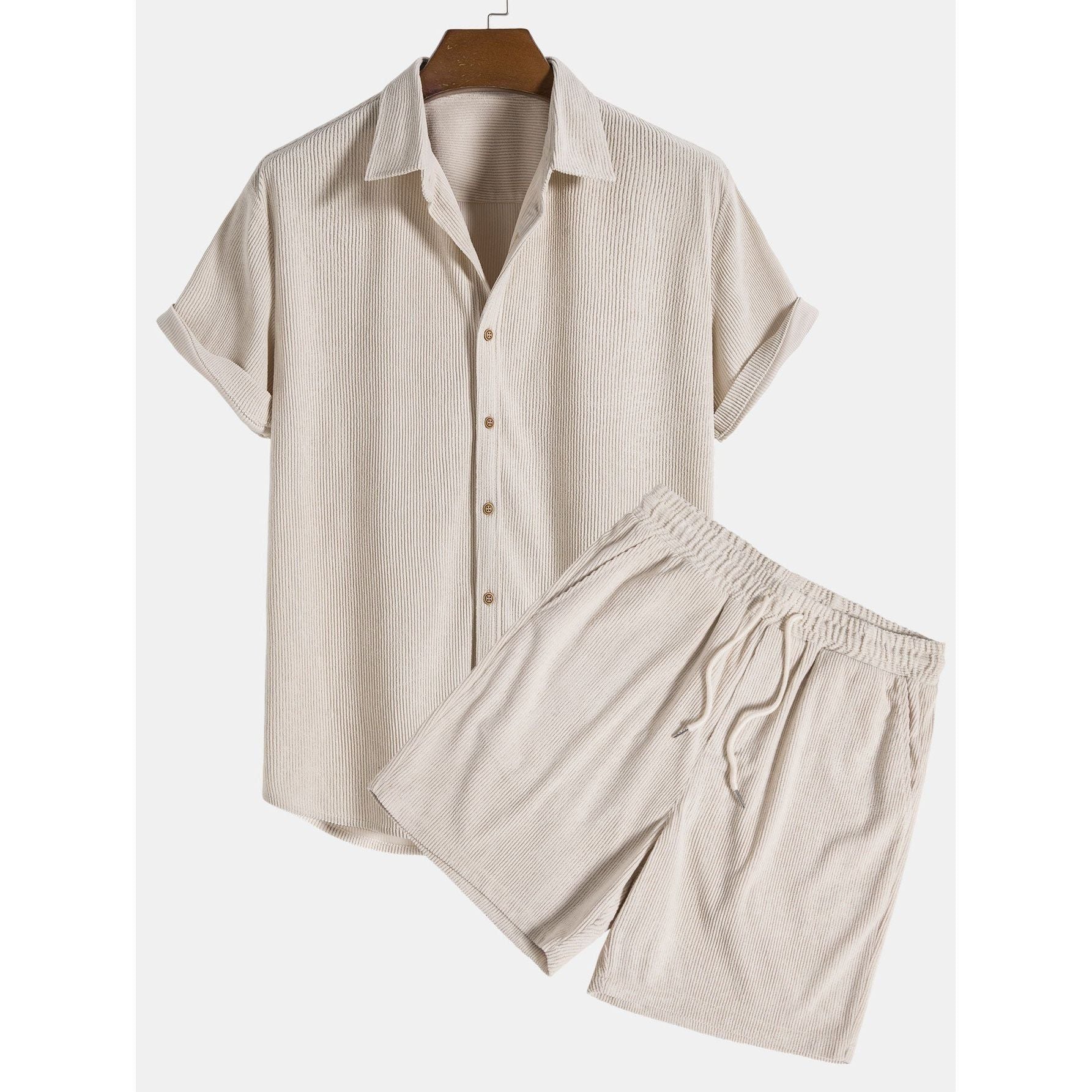 Hans Set - Modisches Kord Loose Sommer Set (Hemd + Shorts) - Beige / S - Herren-Set