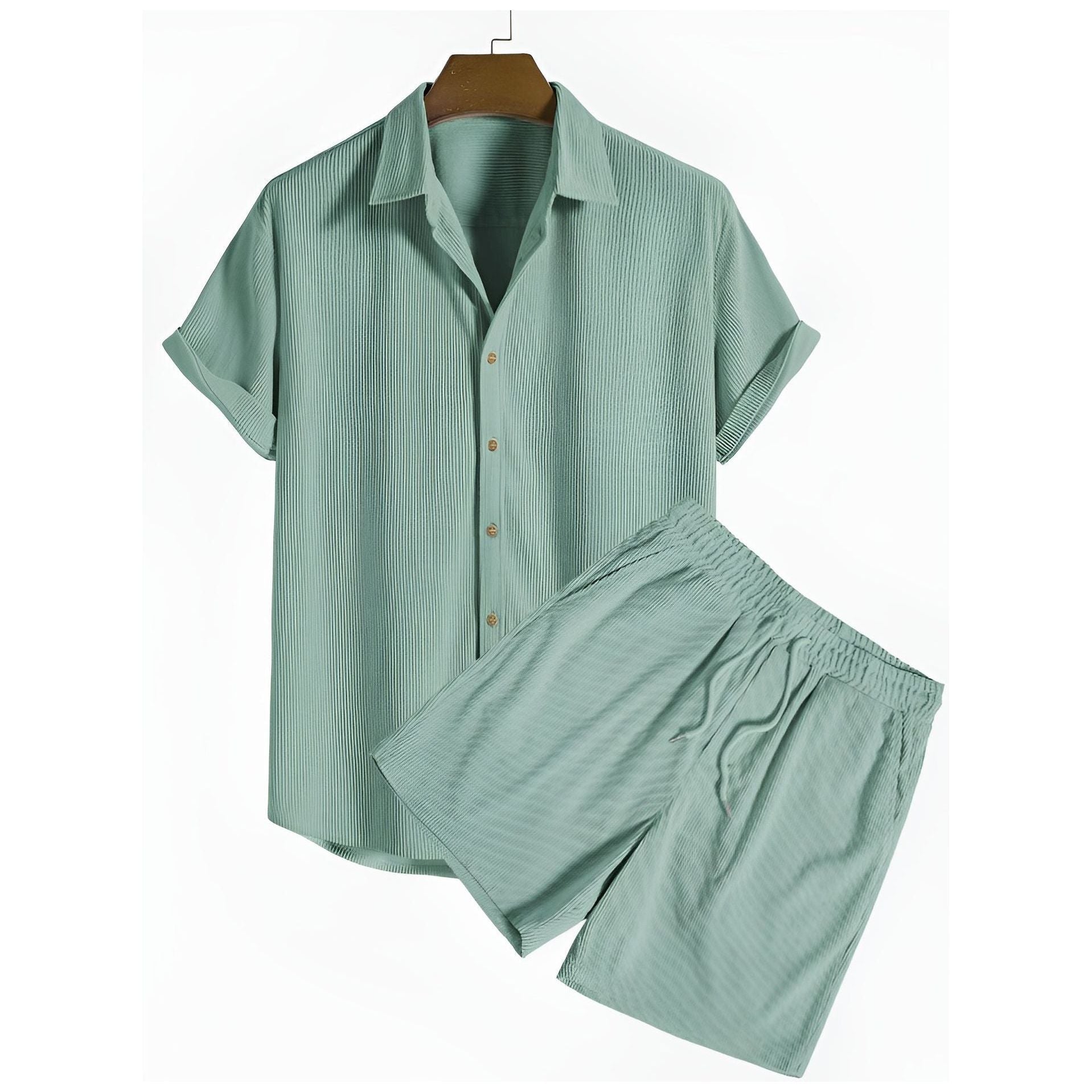 Hans Set - Modisches Kord Loose Sommer Set (Hemd + Shorts) - Grün / S - Herren-Set