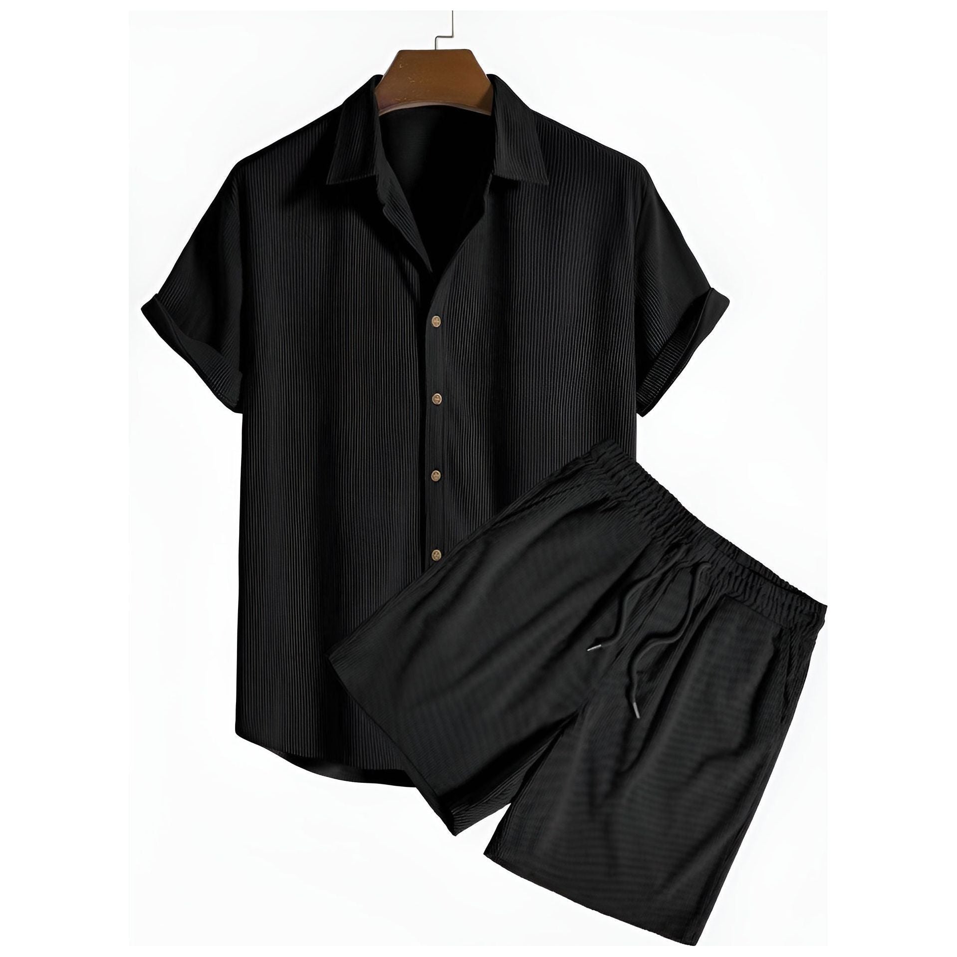 Hans Set - Modisches Kord Loose Sommer Set (Hemd + Shorts) - Schwarz / S - Herren-Set