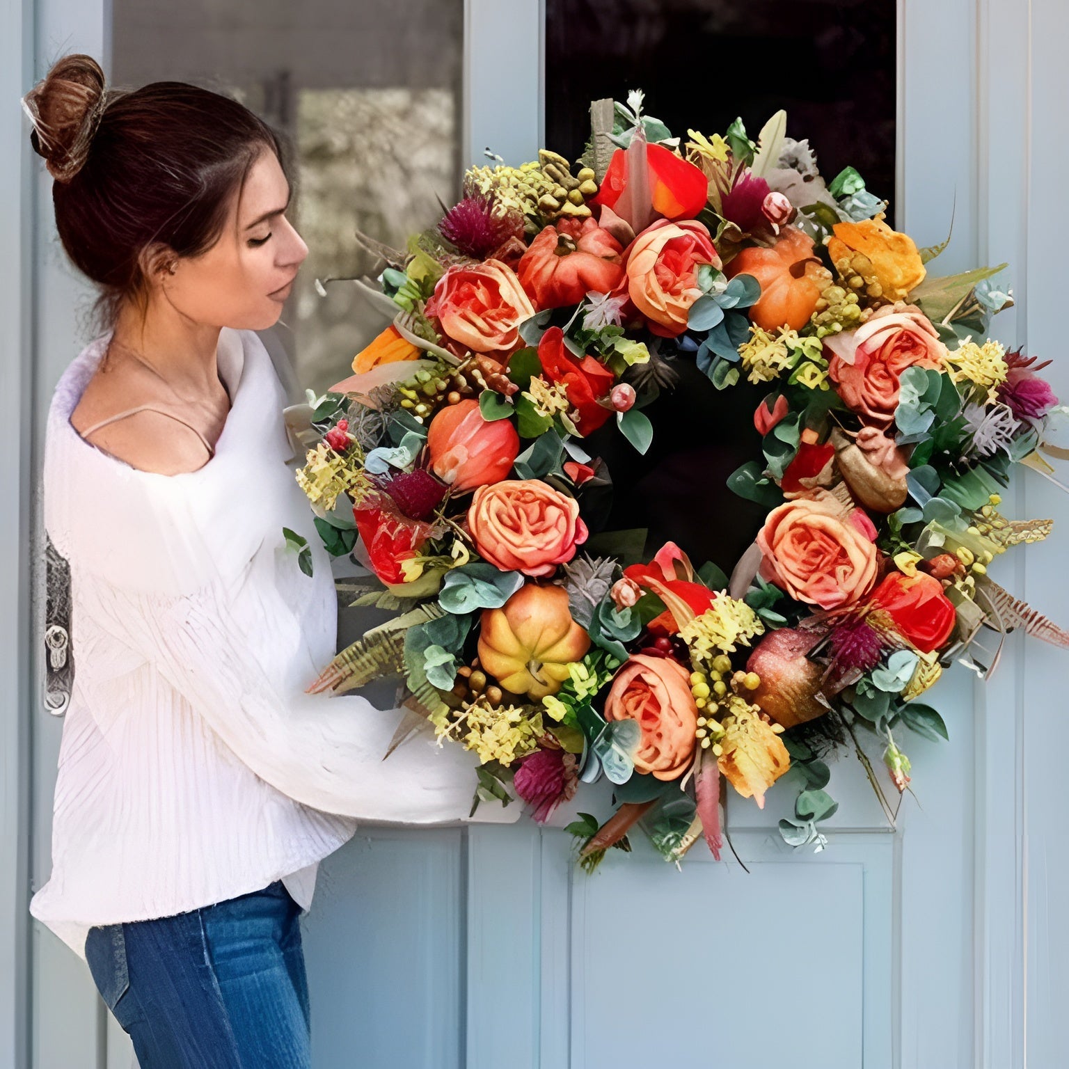 Herbstkranz mit Pfingstrosenblüten – Dekorativ und Festlich | Perfekt als Türdekoration zu Weihnachten - Saisonale