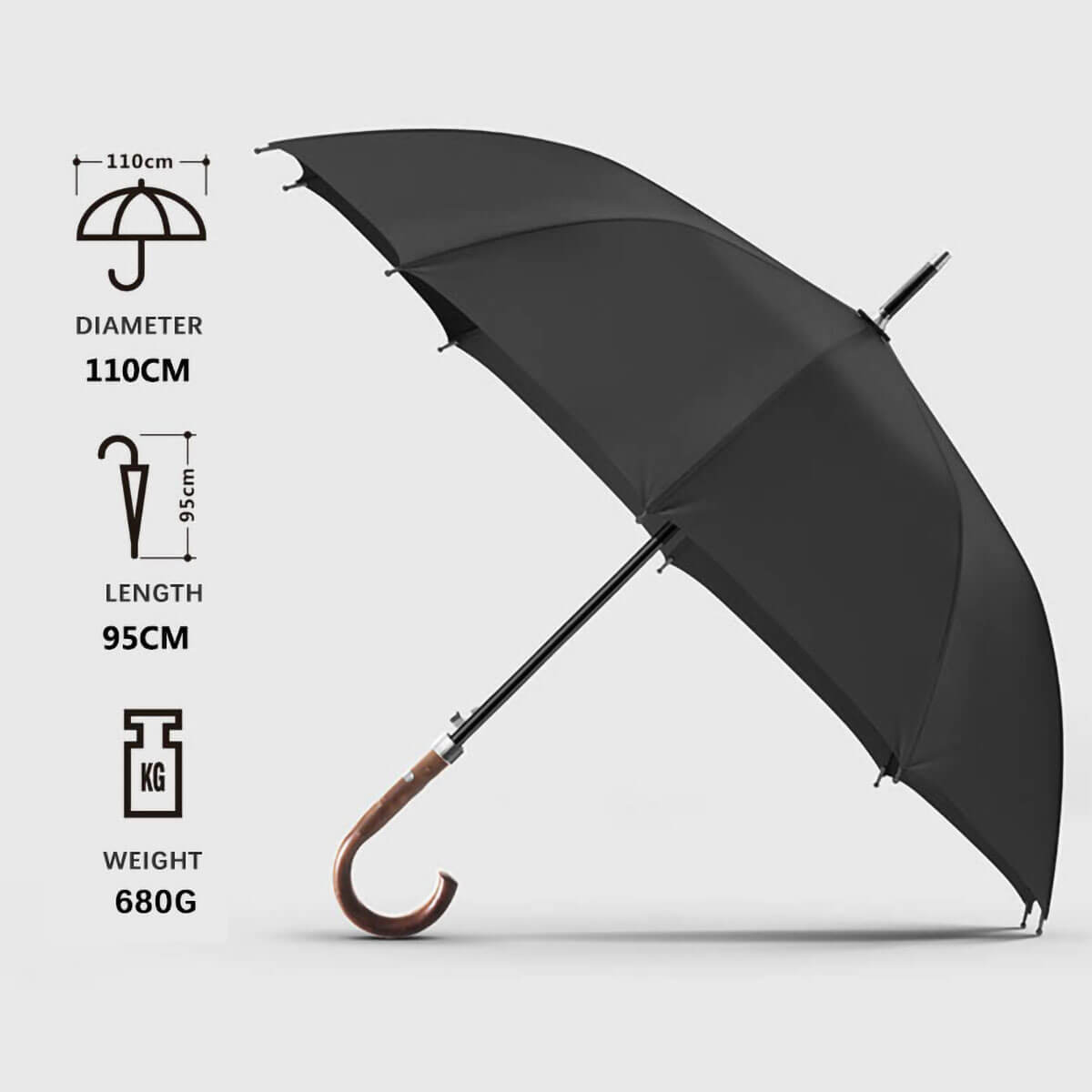 Herren Stockschirm mit Holzgriff – 110 cm Schirm - Schwarz - Regenschirme