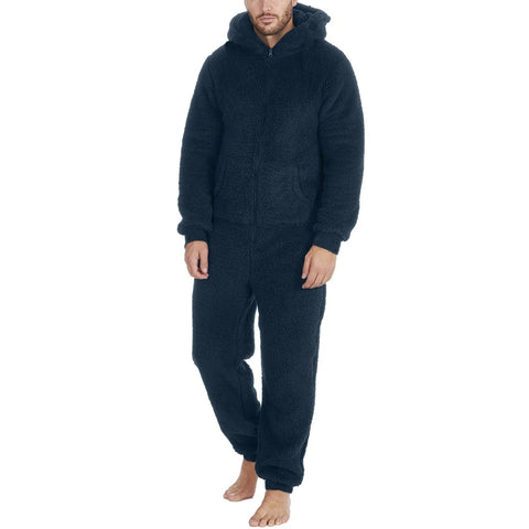 Herren Teddy-Fleece Overall mit Kapuze – Kuscheliger Einteiler - Dunkelblau / S - Herren-Overall