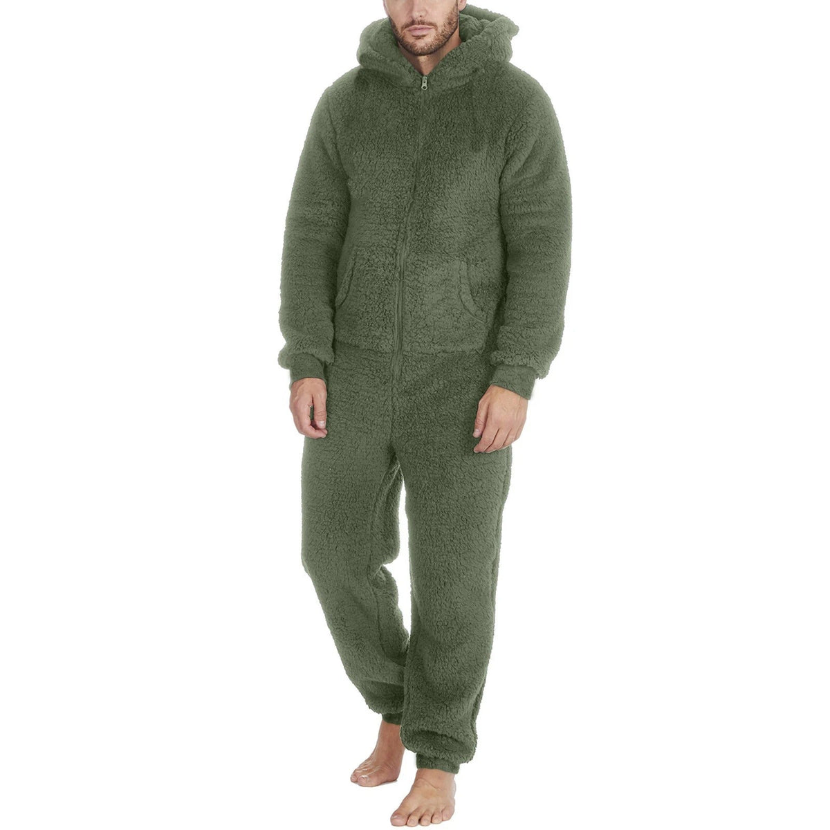 Herren Teddy-Fleece Overall mit Kapuze – Kuscheliger Einteiler - Armeegrün / S - Herren-Overall