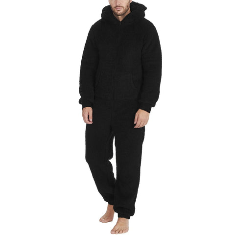 Herren Teddy-Fleece Overall mit Kapuze – Kuscheliger Einteiler - Schwarz / S - Herren-Overall
