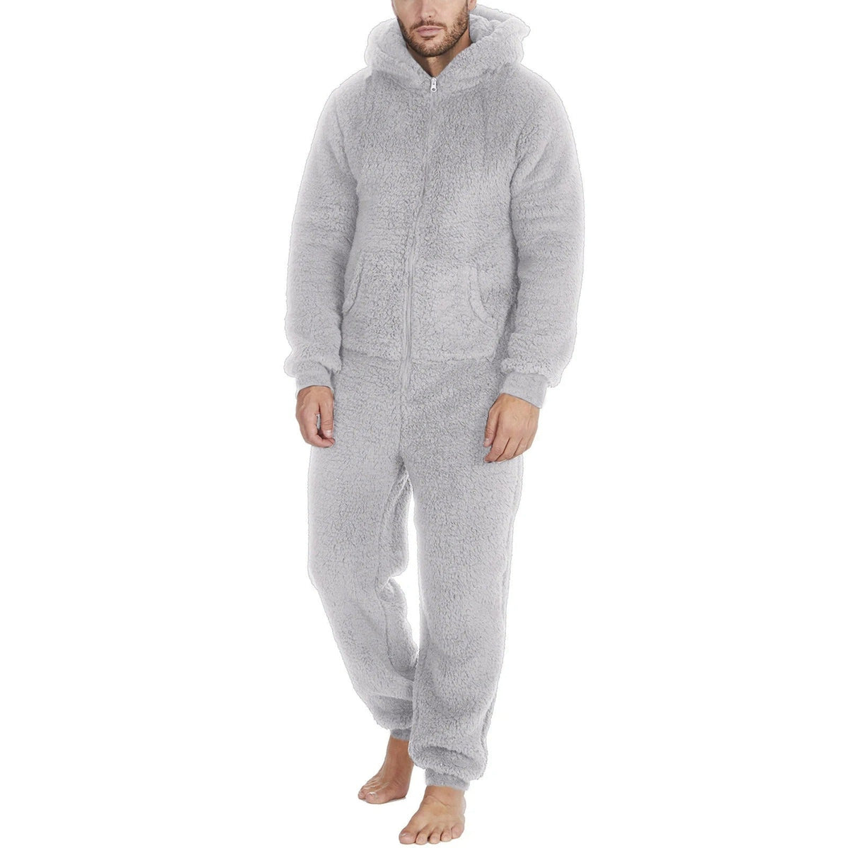 Herren Teddy-Fleece Overall mit Kapuze – Kuscheliger Einteiler - Grau / S - Herren-Overall