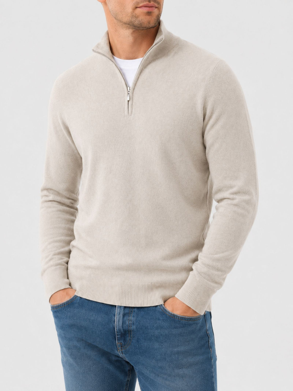 Herren Wollpullover mit Reißverschluss und Stehkragen - Beige / S - Bekleidung & Accessoires > Herrenoberbekleidung >