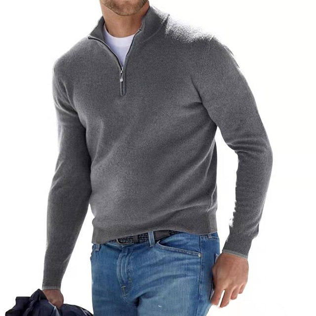 Herren Wollpullover mit Reißverschluss und Stehkragen - Grau / S - Bekleidung & Accessoires > Herrenoberbekleidung >