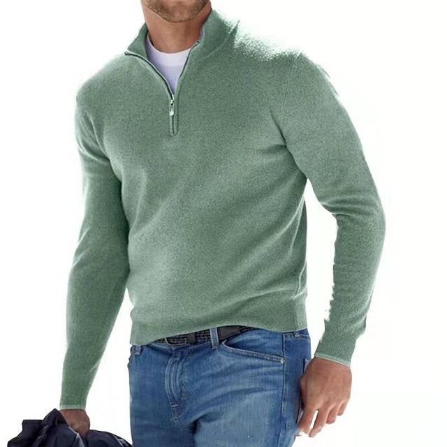 Herren Wollpullover mit Reißverschluss und Stehkragen - Grün / S - Bekleidung & Accessoires > Herrenoberbekleidung >