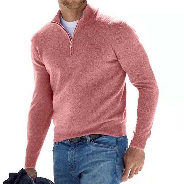 Herren Wollpullover mit Reißverschluss und Stehkragen - Rosa / S - Bekleidung & Accessoires > Herrenoberbekleidung >