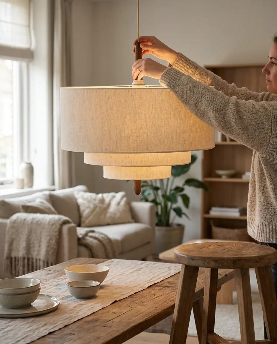 Stoff-Pendelleuchte im Japandi-Stil – Wohnzimmer & Esstisch