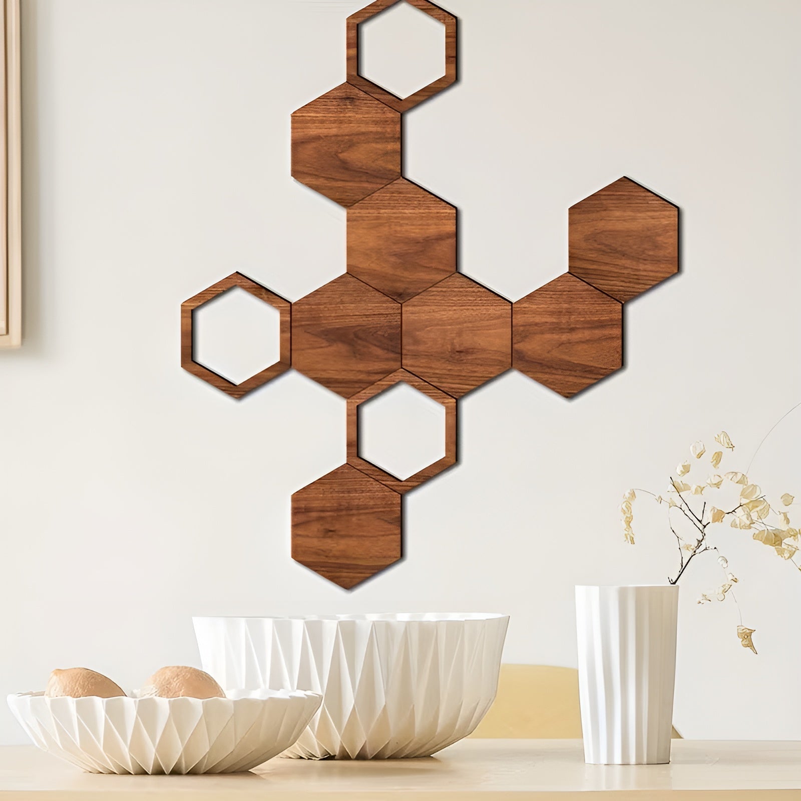 Holz Wanddeko 3D (11 Stück) – Geometrische Hexagon Wandgestaltung | Natürlich und Modern für jeden Raum - Wanddekor