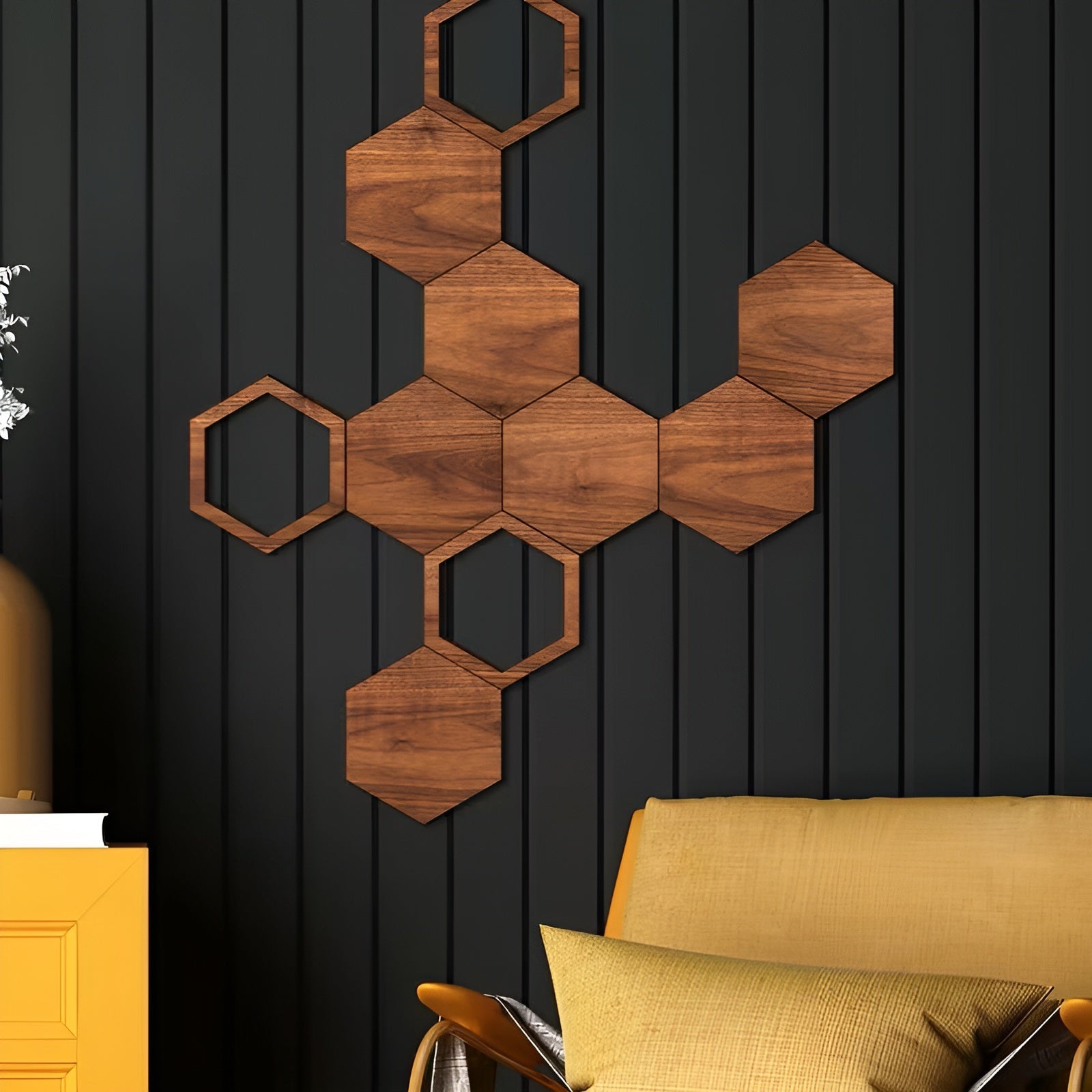 Holz Wanddeko 3D (11 Stück) – Geometrische Hexagon Wandgestaltung | Natürlich und Modern für jeden Raum - Wanddekor