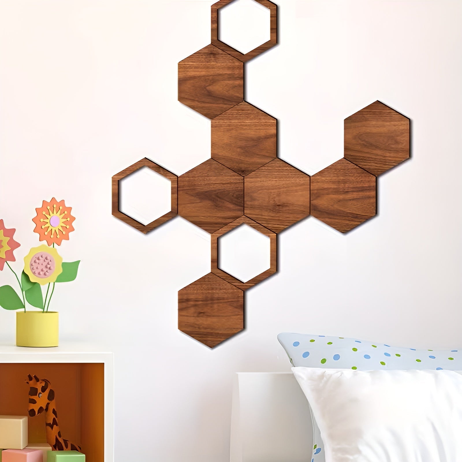Holz Wanddeko 3D (11 Stück) – Geometrische Hexagon Wandgestaltung | Natürlich und Modern für jeden Raum - Wanddekor