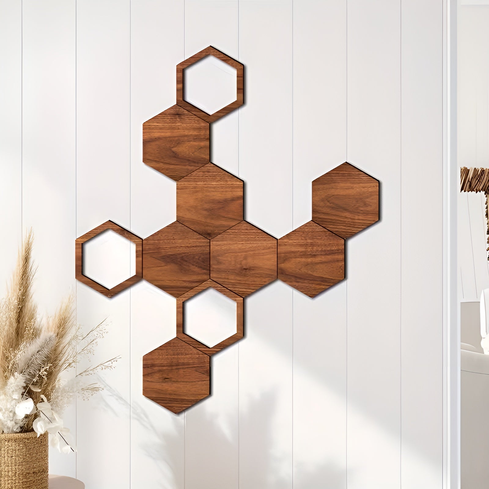 Holz Wanddeko 3D (11 Stück) – Geometrische Hexagon Wandgestaltung | Natürlich und Modern für jeden Raum - Wanddekor