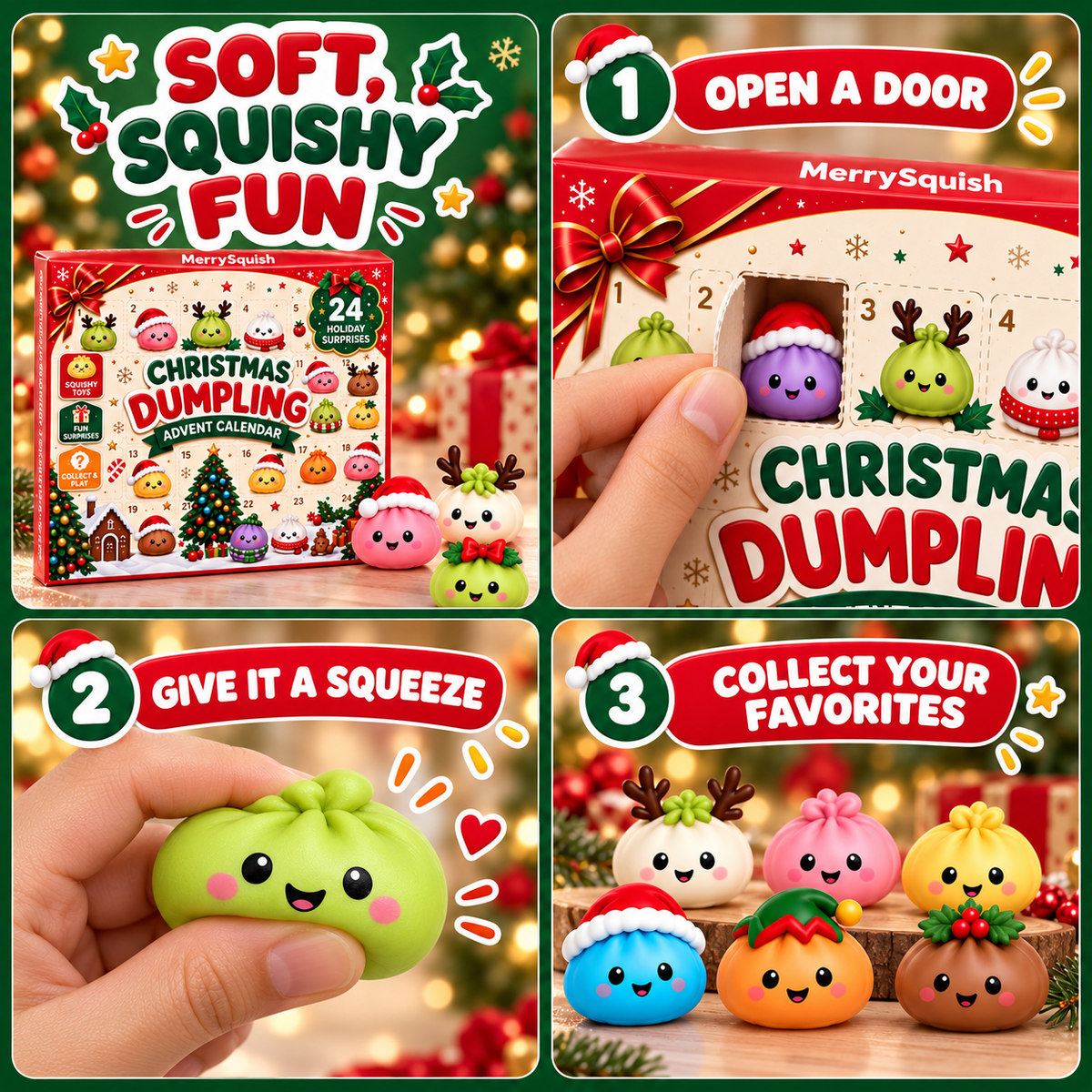 Nahaufnahme eines weichen Dumpling-Figürchens im Weihnachtsoutfit