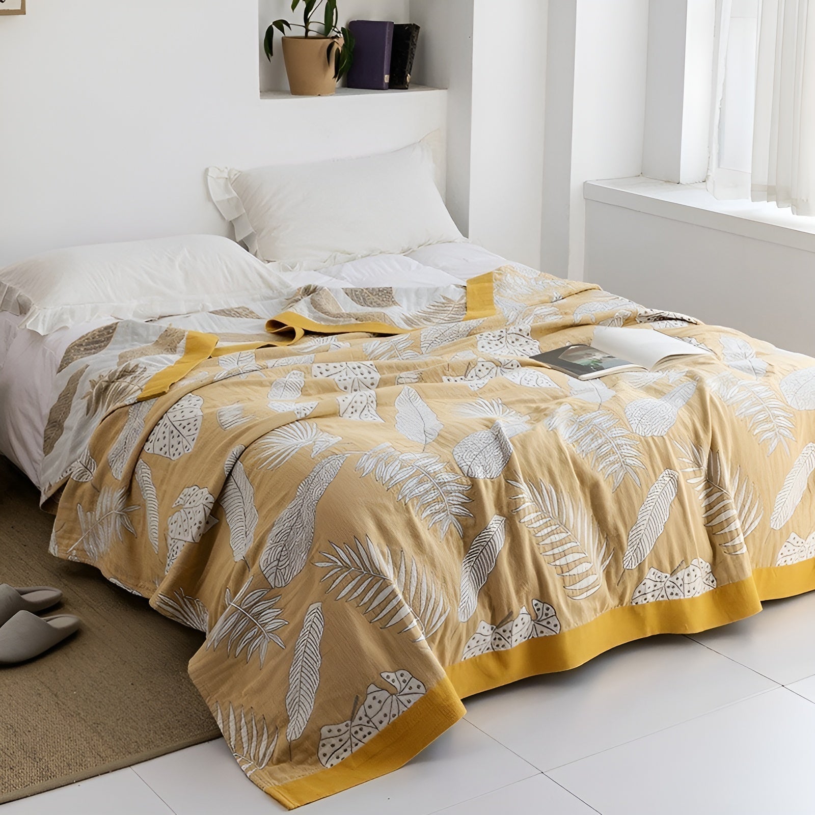 Japanische Kuscheldecke – Weiche Sofadecke für Gemütliche Wohnmomente - Blätter Gelb / 150x200cm - Decke
