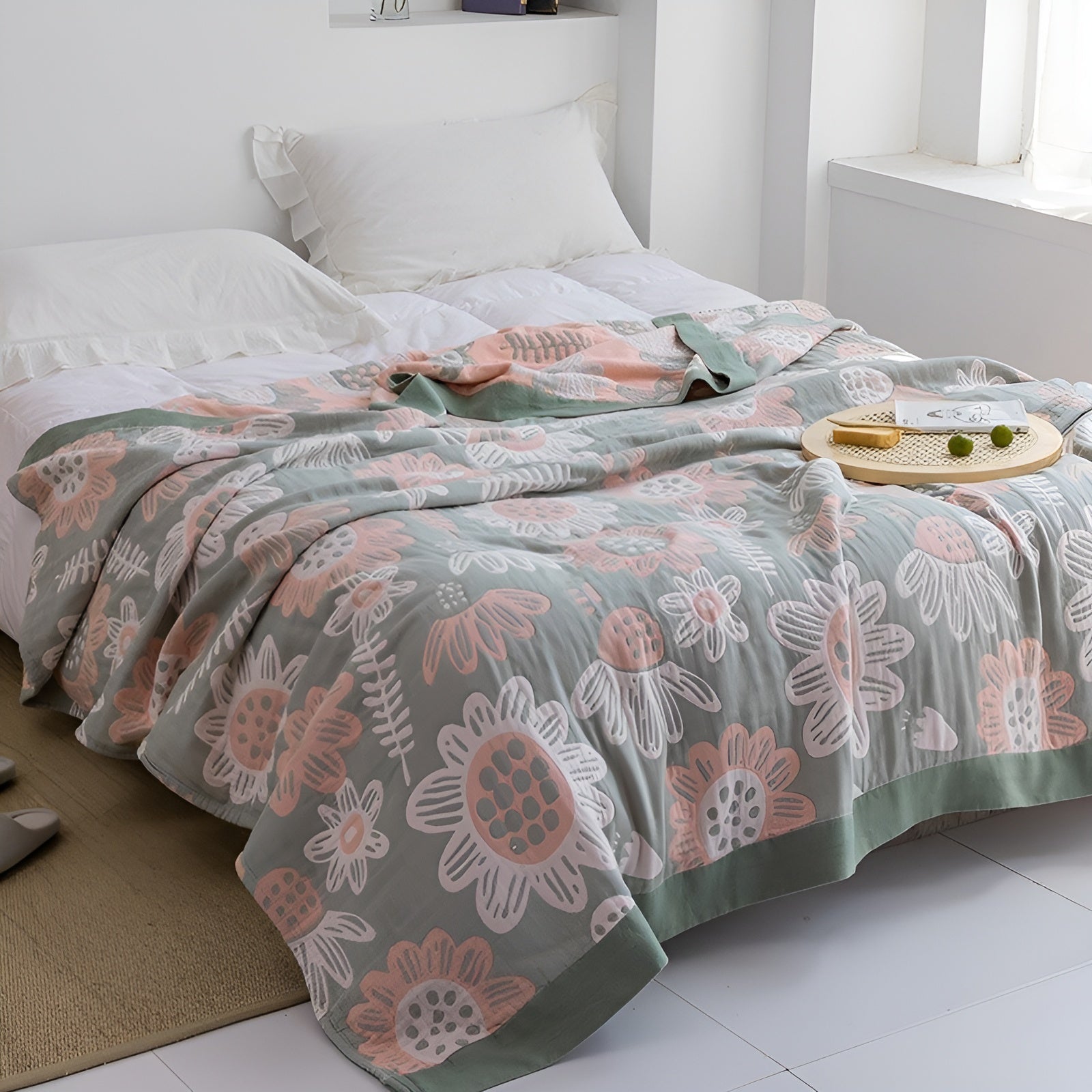 Japanische Kuscheldecke – Weiche Sofadecke für Gemütliche Wohnmomente - Sonnenblumen Grün + Rosa / 150x200cm - Decke