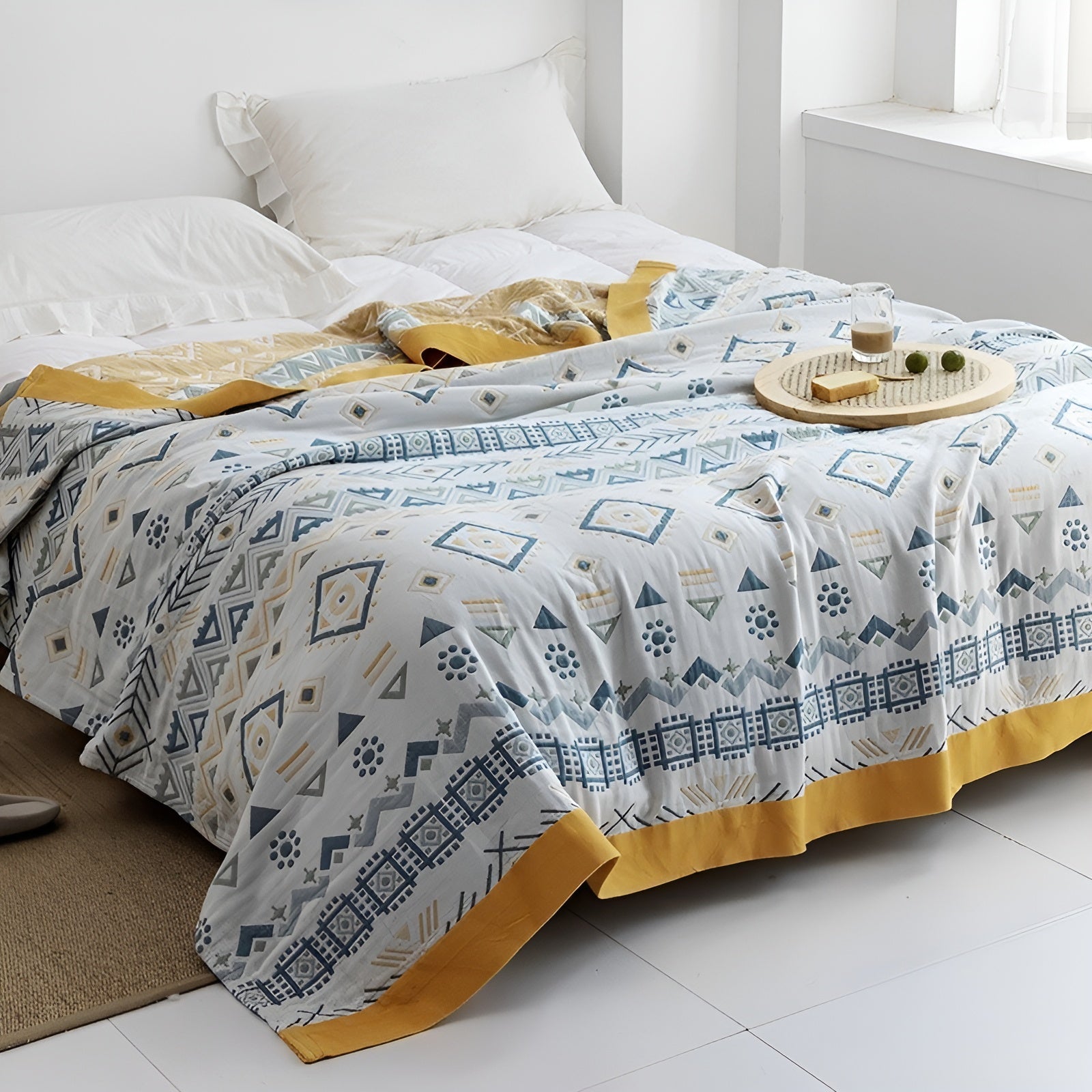 Japanische Kuscheldecke – Weiche Sofadecke für Gemütliche Wohnmomente - Patchwork Weiß + Blau / 150x200cm - Decke