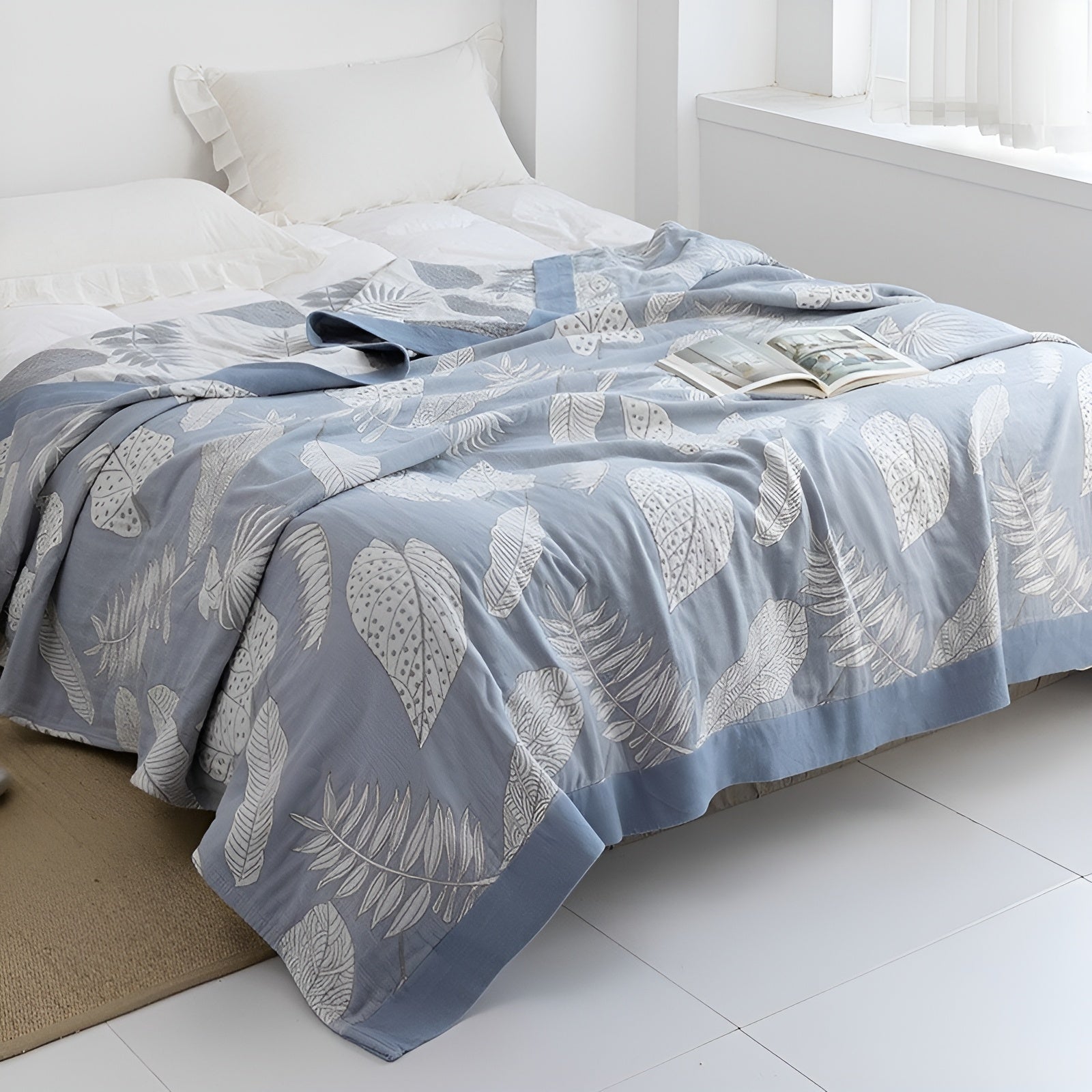 Japanische Kuscheldecke – Weiche Sofadecke für Gemütliche Wohnmomente - Blätter Blau / 150x200cm - Decke