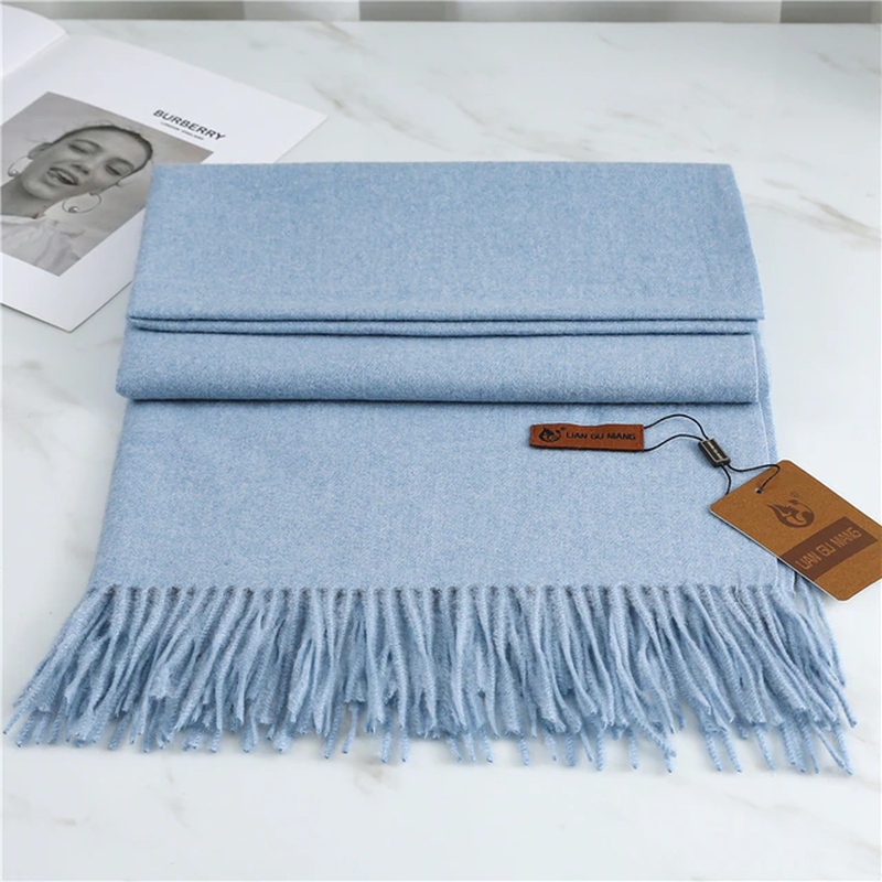 Kaschmir Winterschal 190x68 cm – Weicher Wollschal mit Fransen - Himmelblau - Schals und Tücher