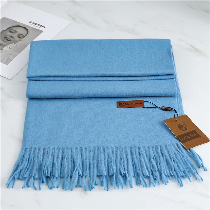 Kaschmir Winterschal 190x68 cm – Weicher Wollschal mit Fransen - Blau - Schals und Tücher