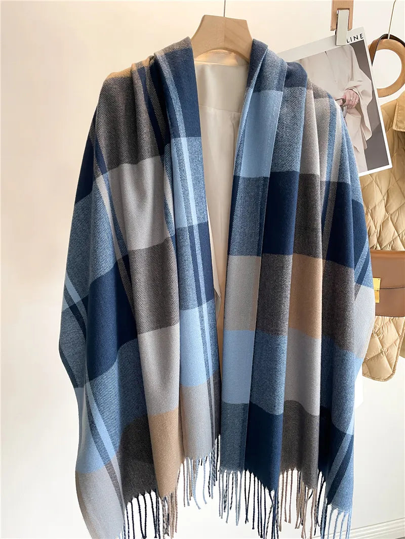 Kaschmir-Winterschal mit klassischem Karomuster 200x65 cm – Luxus-Wollschal für Damen und Herren - Blau - Schals