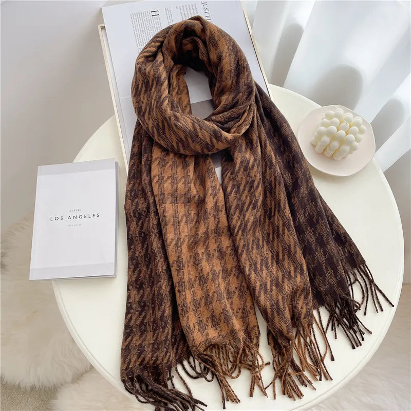 Kaschmir-Winterschal mit klassischem Karomuster 200x65 cm – Luxus-Wollschal für Damen und Herren - Naturbeige - Schals