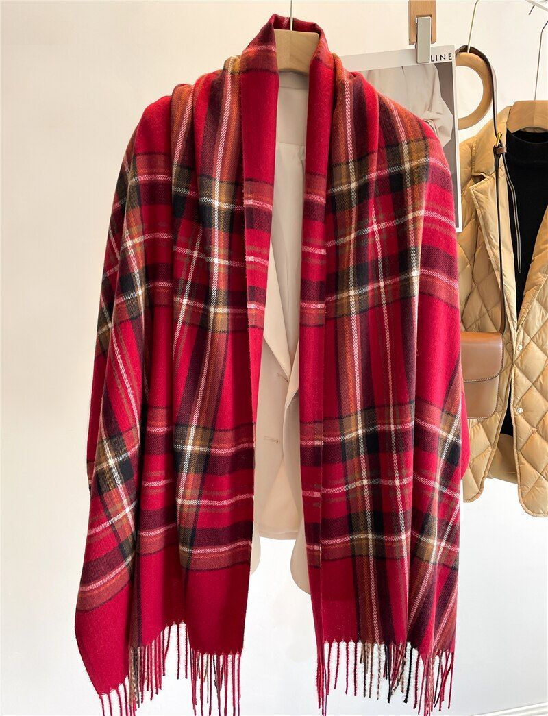 Kaschmir-Winterschal mit klassischem Karomuster 200x65 cm – Luxus-Wollschal für Damen und Herren - Rot - Schals